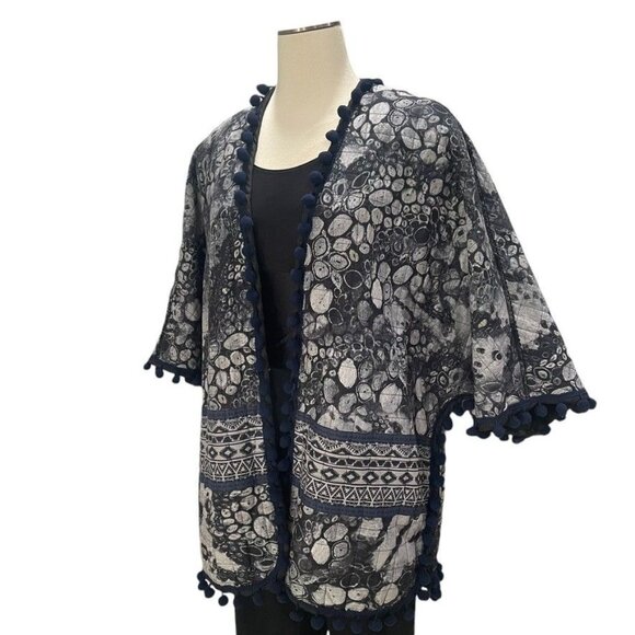 Soft Surroundings L/XL Kimono Jacket Batik Print Boho Chic Pom Pom Trim Festival - Picture 7 of 10